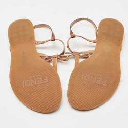 Pre Owned Fendi Brown Leather Bow Detail Ankle Strap Flats Sandals Size 38