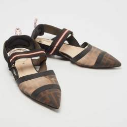 Pre Owned Fendi Black/Brown Zucca Mesh and Fabric Colibri Slingback Flats Size 38
