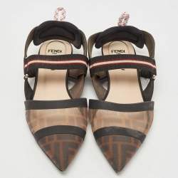 Pre Owned Fendi Black/Brown Zucca Mesh and Fabric Colibri Slingback Flats Size 38