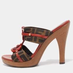 Fendi Brown Zucca Canvas and Patent Leather Platform Slide Size 39