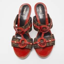 Fendi Brown Zucca Canvas and Patent Leather Platform Slide Size 39