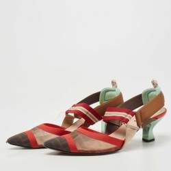 Fendi Brown/Red Zucca Mesh and Canvas Colibri Pumps Size 39