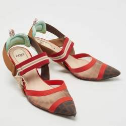 Fendi Brown/Red Zucca Mesh and Canvas Colibri Pumps Size 39