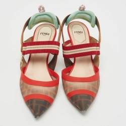 Fendi Brown/Red Zucca Mesh and Canvas Colibri Pumps Size 39