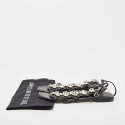 Fendi Black Leather Crystal Embellished Strappy Ankle Strap Flat Sandals Size 37
