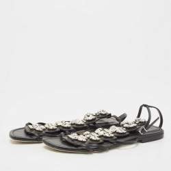 Fendi Black Leather Crystal Embellished Strappy Ankle Strap Flat Sandals Size 37