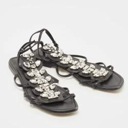 Fendi Black Leather Crystal Embellished Strappy Ankle Strap Flat Sandals Size 37