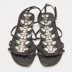 Fendi Black Leather Crystal Embellished Strappy Ankle Strap Flat Sandals Size 37