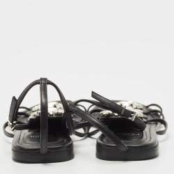 Fendi Black Leather Crystal Embellished Strappy Ankle Strap Flat Sandals Size 37