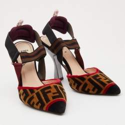 Pre Owned Fendi Multicolor Zucca Velvet and Canvas Colibri Slingback Pumps Size 38