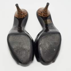 Pre Owned Fendi Black Patent Leather FF Superstar Peep-Toe Mule Size 39