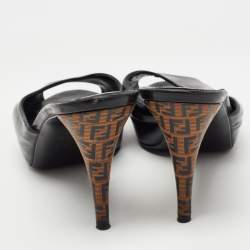 Pre Owned Fendi Black Patent Leather FF Superstar Peep-Toe Mule Size 39