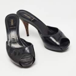 Pre Owned Fendi Black Patent Leather FF Superstar Peep-Toe Mule Size 39