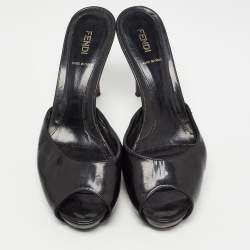 Pre Owned Fendi Black Patent Leather FF Superstar Peep-Toe Mule Size 39