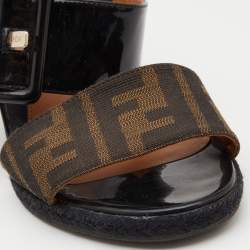 Fendi Brown/Black Zucca Canvas and Patent Leather Demi Wedge Sandals Size 38