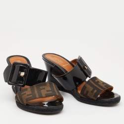 Fendi Brown/Black Zucca Canvas and Patent Leather Demi Wedge Sandals Size 38