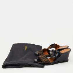 Fendi Brown/Black Zucca Canvas and Patent Leather Demi Wedge Sandals Size 38