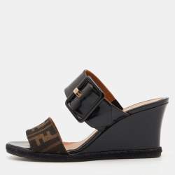 Fendi Brown/Black Zucca Canvas and Patent Leather Demi Wedge Sandals Size 38