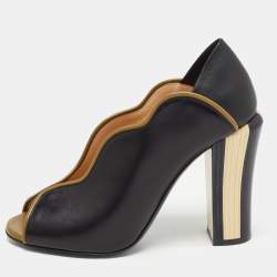 Pre Owned Fendi Black/Olive Green Leather Wave Block Heel Peep Toe Pumps Size 37