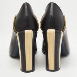 Pre Owned Fendi Black/Olive Green Leather Wave Block Heel Peep Toe Pumps Size 37
