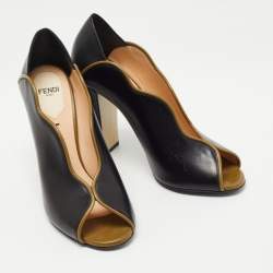 Pre Owned Fendi Black/Olive Green Leather Wave Block Heel Peep Toe Pumps Size 37