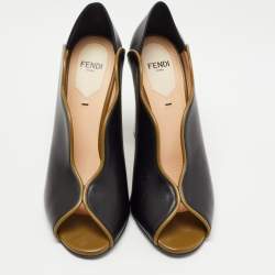 Pre Owned Fendi Black/Olive Green Leather Wave Block Heel Peep Toe Pumps Size 37