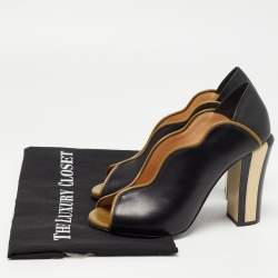 Pre Owned Fendi Black/Olive Green Leather Wave Block Heel Peep Toe Pumps Size 37