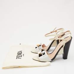 Pre Owned Fendi White/Cream Leather and Lizard Embossed Studded Fantasia Ankle Strap Sandals Size 39