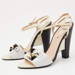 Pre Owned Fendi White/Cream Leather and Lizard Embossed Studded Fantasia Ankle Strap Sandals Size 39