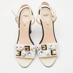 Pre Owned Fendi White/Cream Leather and Lizard Embossed Studded Fantasia Ankle Strap Sandals Size 39