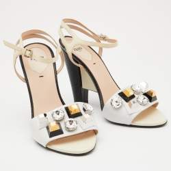 Pre Owned Fendi White/Cream Leather and Lizard Embossed Studded Fantasia Ankle Strap Sandals Size 39