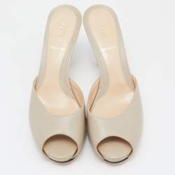 Pre Owned Fendi Beige Leather FF Superstar Peep Toe Slide Sandals Size 37.5