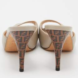 Pre Owned Fendi Beige Leather FF Superstar Peep Toe Slide Sandals Size 37.5