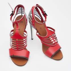 Pre Owned Fendi Red/Blue Leather Tiffany Ankle Strap Sandals Size 41