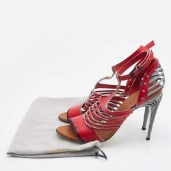 Pre Owned Fendi Red/Blue Leather Tiffany Ankle Strap Sandals Size 41