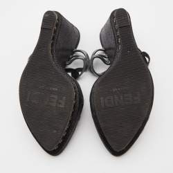 Pre Owned Fendi Metallic Grey Fabric Cut Out Wedge Slide Sandals Size 37