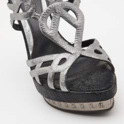 Pre Owned Fendi Metallic Grey Fabric Cut Out Wedge Slide Sandals Size 37