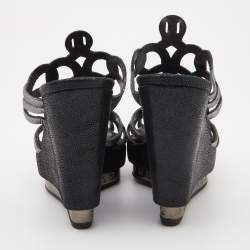 Pre Owned Fendi Metallic Grey Fabric Cut Out Wedge Slide Sandals Size 37