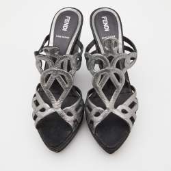 Pre Owned Fendi Metallic Grey Fabric Cut Out Wedge Slide Sandals Size 37