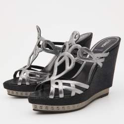 Pre Owned Fendi Metallic Grey Fabric Cut Out Wedge Slide Sandals Size 37