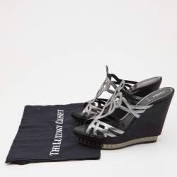 Pre Owned Fendi Metallic Grey Fabric Cut Out Wedge Slide Sandals Size 37