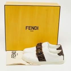 Pre Owned Fendi White/Brown Zucca Leather Pearland Slip On Sneakers Size 39
