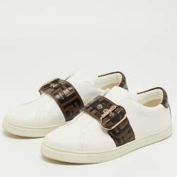 Pre Owned Fendi White/Brown Zucca Leather Pearland Slip On Sneakers Size 39