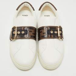 Pre Owned Fendi White/Brown Zucca Leather Pearland Slip On Sneakers Size 39