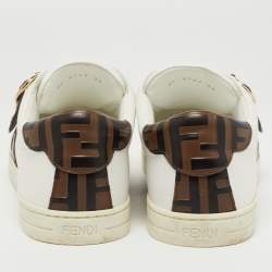 Pre Owned Fendi White/Brown Zucca Leather Pearland Slip On Sneakers Size 39