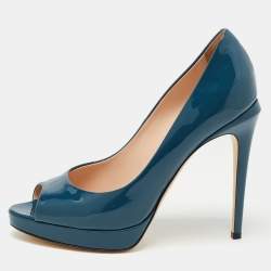 Pre Owned Fendi Blue Patent Leather Fendista Platform Peep Toe Pumps Size 37