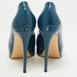 Pre Owned Fendi Blue Patent Leather Fendista Platform Peep Toe Pumps Size 37