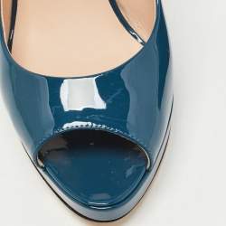 Pre Owned Fendi Blue Patent Leather Fendista Platform Peep Toe Pumps Size 37