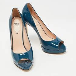 Pre Owned Fendi Blue Patent Leather Fendista Platform Peep Toe Pumps Size 37