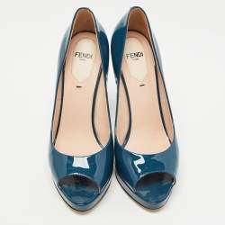 Pre Owned Fendi Blue Patent Leather Fendista Platform Peep Toe Pumps Size 37